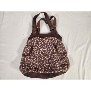 VTG Y2K Lucky Brand Boho Hobo Bag Purse Leather Canvas Leaf Print Multi Pocket M